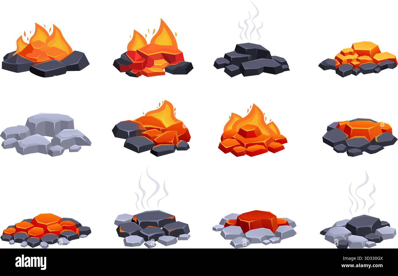 Cartoni animati che bruciano cartoni. Bruciare e spegnere il carbone con il fumo. Pietre calde rosse, carboni per barbecue o camino, falò sulla natura, sapid Vector se Illustrazione Vettoriale