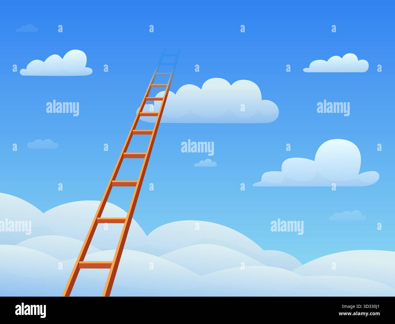 Scala verso il cloud. Alta scala in legno nel cielo blu. Il percorso per sognare o fantasia, per essere nelle nuvole, per ottenere di più sul lavoro. Metafora vettore sapid indietro Illustrazione Vettoriale