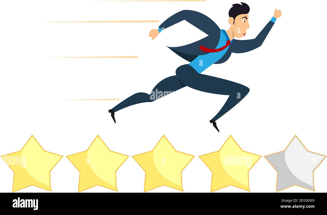 Valutazioni, recensioni di clienti o idee commerciali e valutazioni degli investimenti. Gli uomini d'affari hanno aggiunto una stella gialla dorata per la loro valutazione. carto in stile piatto Illustrazione Vettoriale