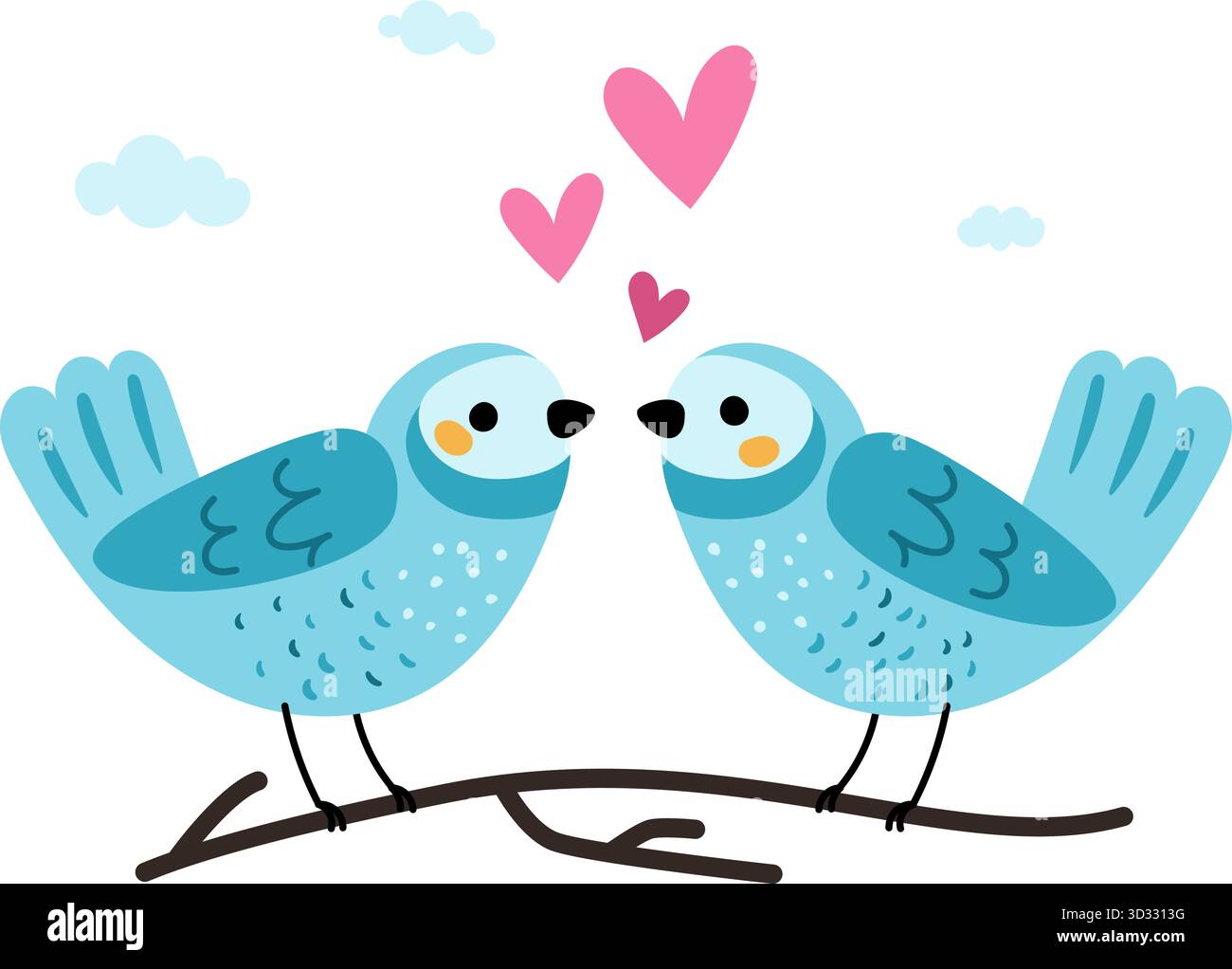 Due uccelli amorini si siedono uno accanto all'altro sul ramo delle piante degli alberi con cuori di amour rossi. Gli uccelli dei cartoni animati amano e romanticismo. Animali di San Valentino. I carini uccellini fliggono Illustrazione Vettoriale