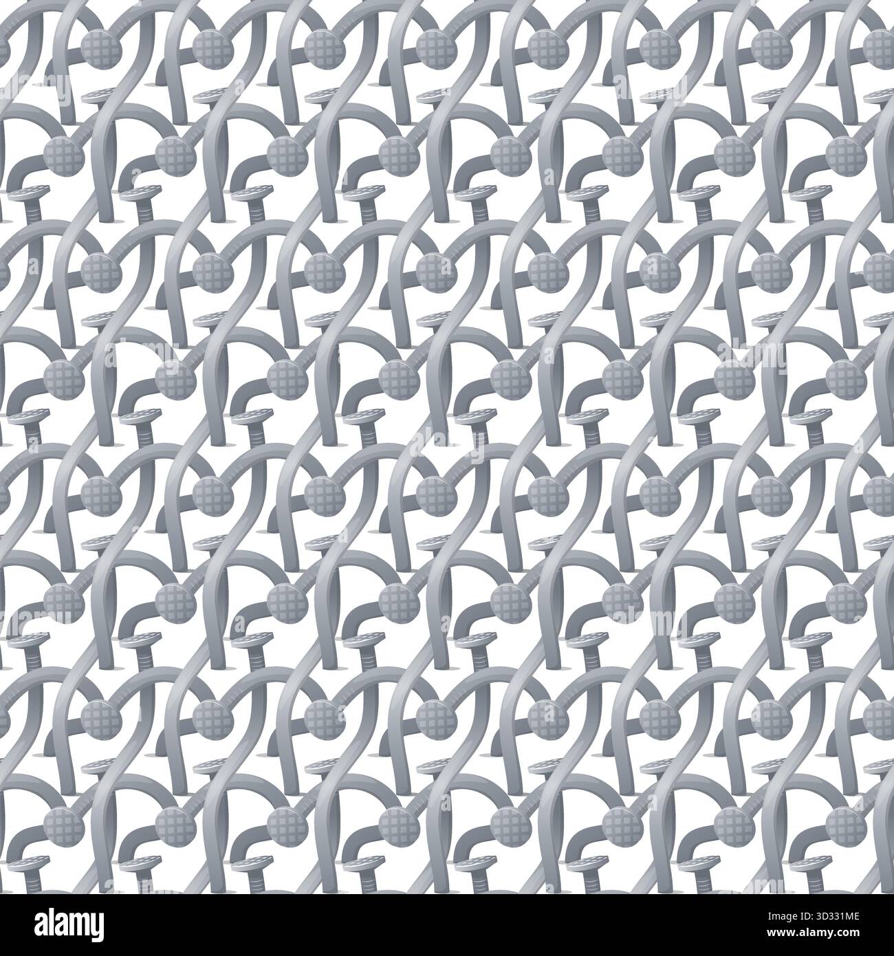 Chiodi piegati in acciaio con teste. Schema senza cuciture dei bulloni. Utensile industriale. Bulloneria per carpenteria. Elementi di fissaggio in ferro rotti. Stampa ripetuta. Acciaio inox curvo Illustrazione Vettoriale