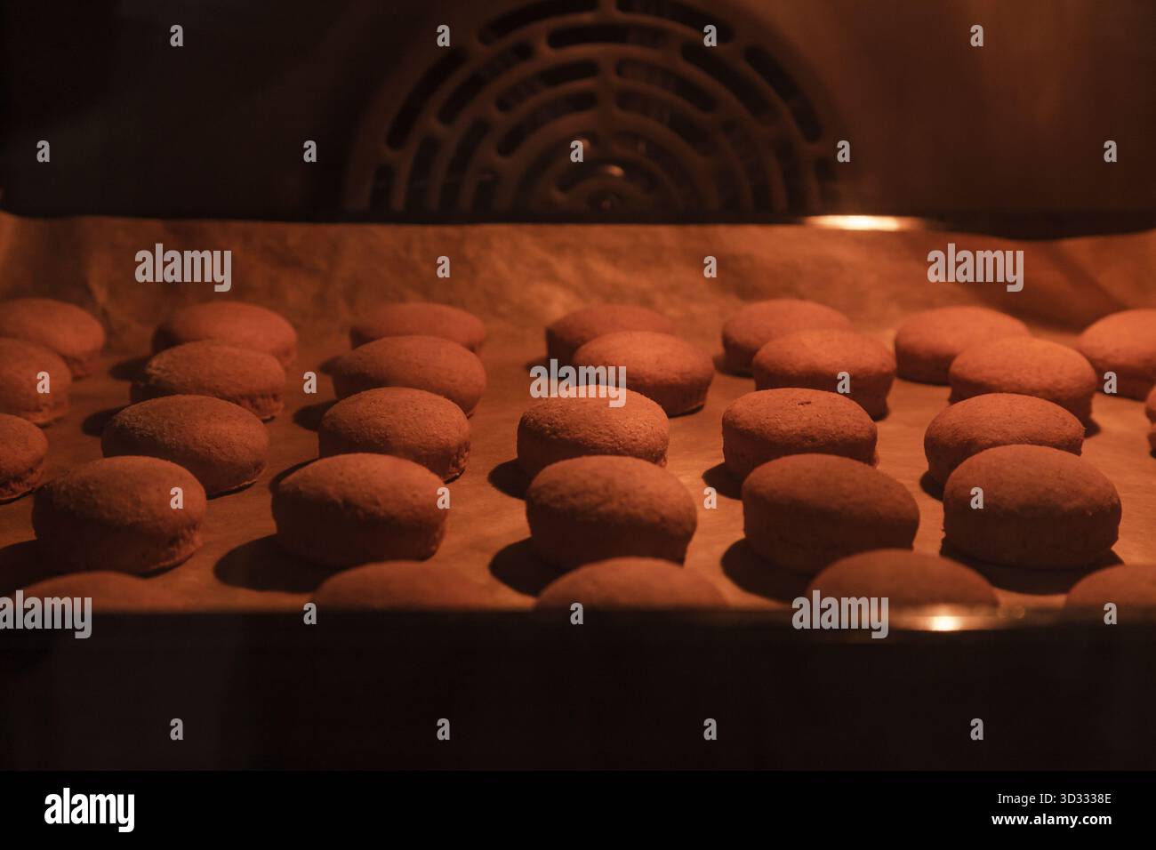 Un lotto di biscotti appena sfornati su una teglia da forno Foto Stock