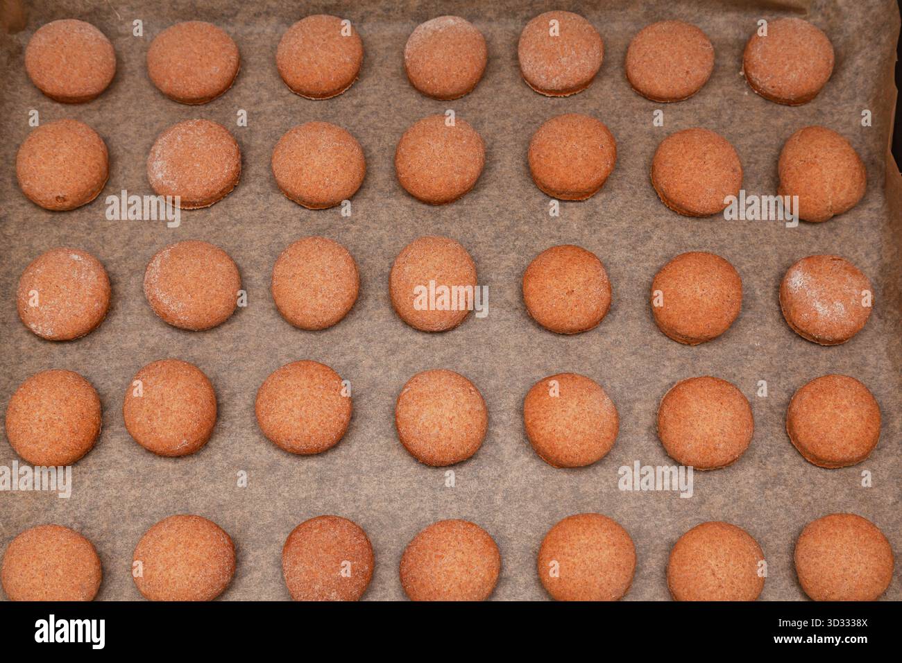 Un lotto di biscotti appena sfornati su una teglia da forno Foto Stock