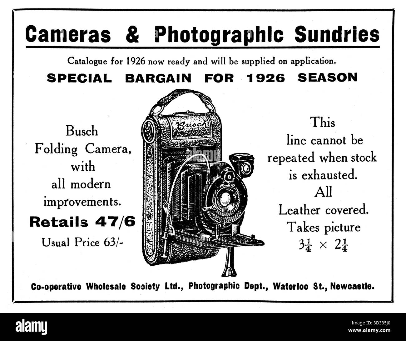 1920s Busch pubblicità di macchine fotografiche pieghevoli dalla rivista 1925 Co-operative Society «The Producer» Foto Stock