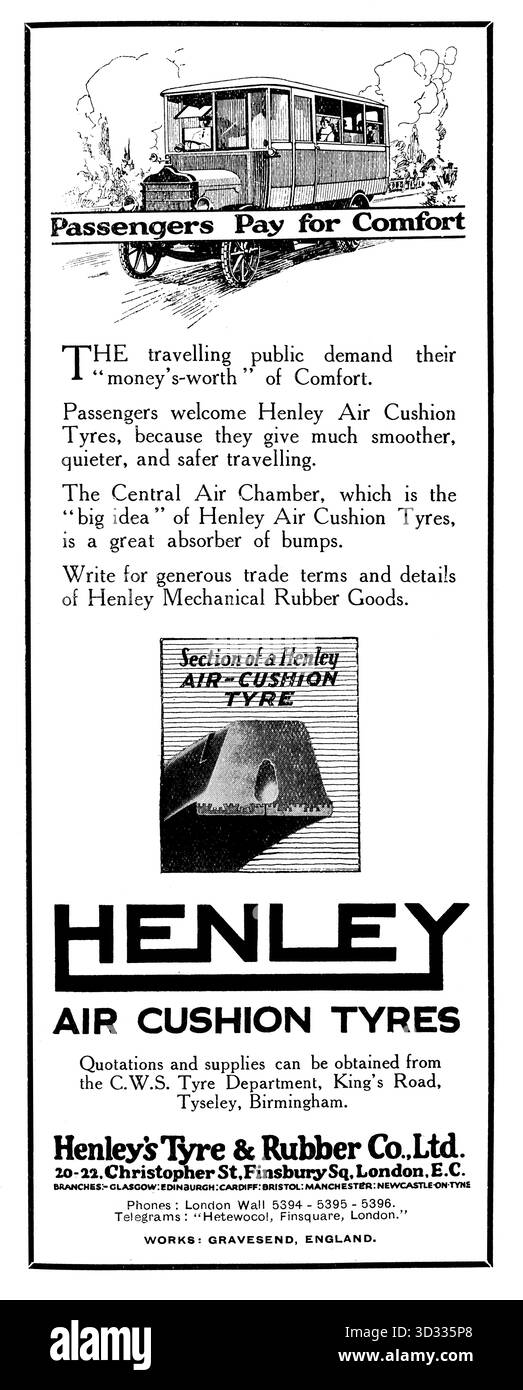 Automobilismo, storia, passeggeri pagano per il comfort, pubblicità di Henley Air Cushion Tire da 1925 Co-operative Society «The Producer» magazine Foto Stock