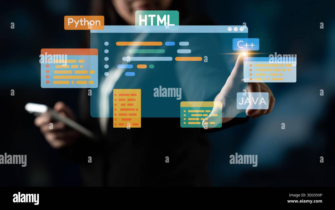 Lo sviluppo software combina strumenti di codifica, creazione di app mobili e linguaggi di programmazione per offrire soluzioni di prodotti digitali innovative. Fermo Foto Stock