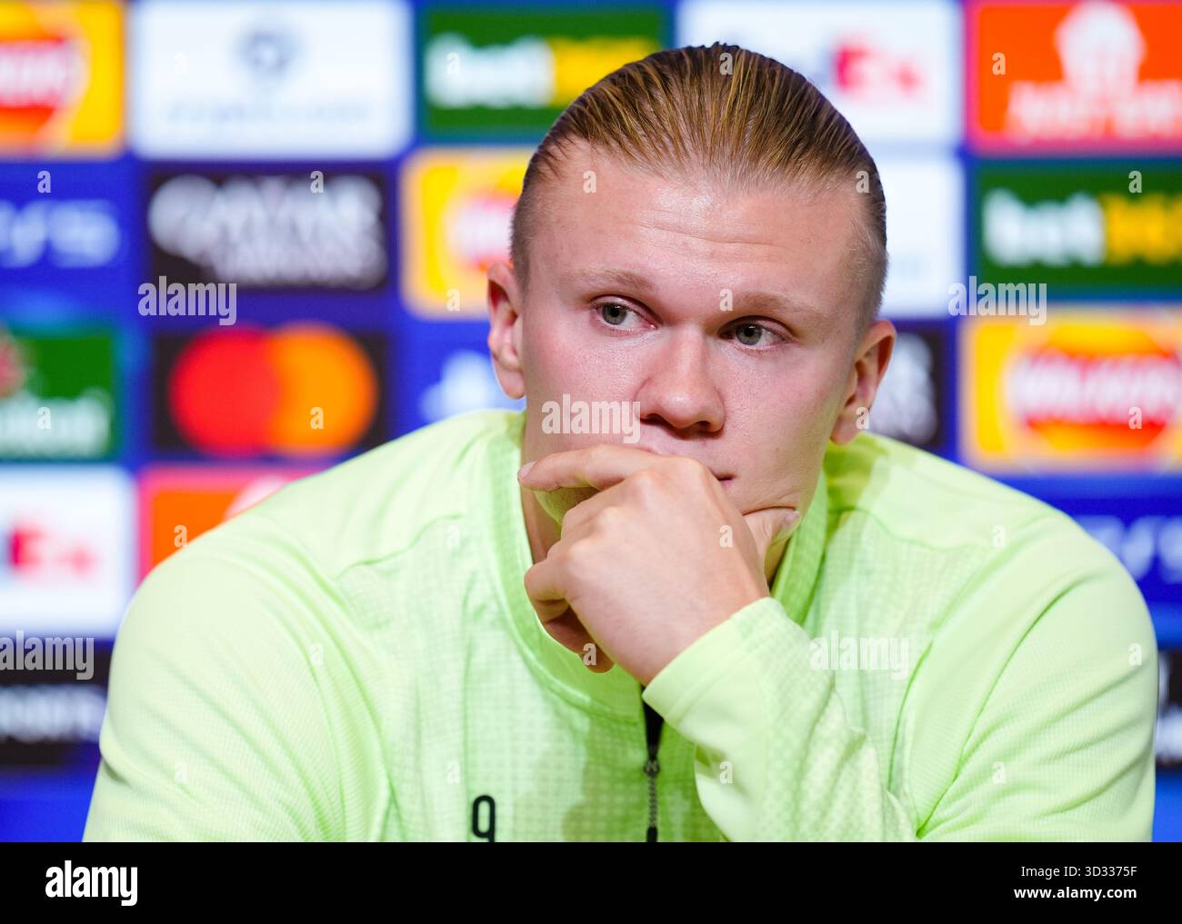 Erling Haaland del Manchester City durante una conferenza stampa all'Etihad Stadium di Manchester. Data foto: Martedì 4 novembre 2025. Foto Stock