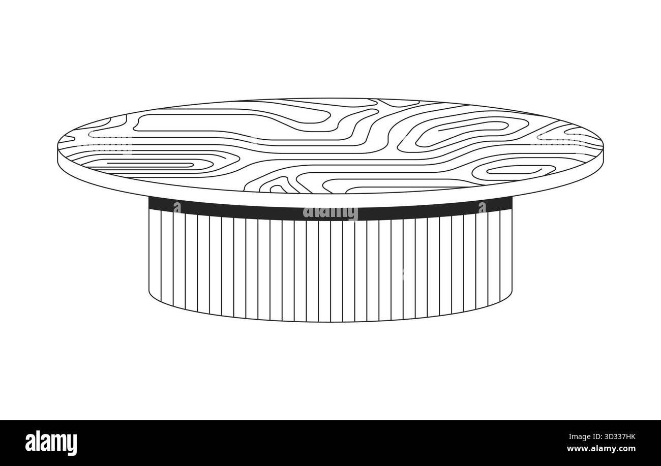 Tavolino da caffè rotondo con piano in legno testurizzato e oggetto linea 2D. Illustrazione Vettoriale