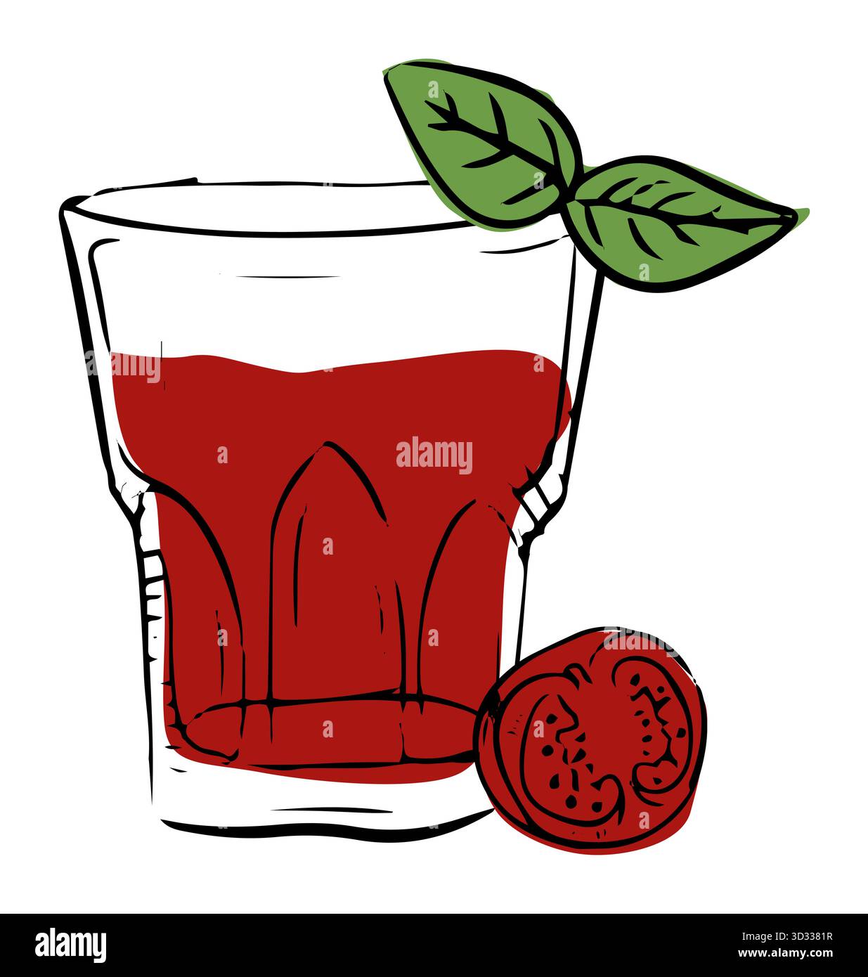 Rinfrescante cocktail di pomodoro con illustrazione di basilico per un menu' Illustrazione Vettoriale