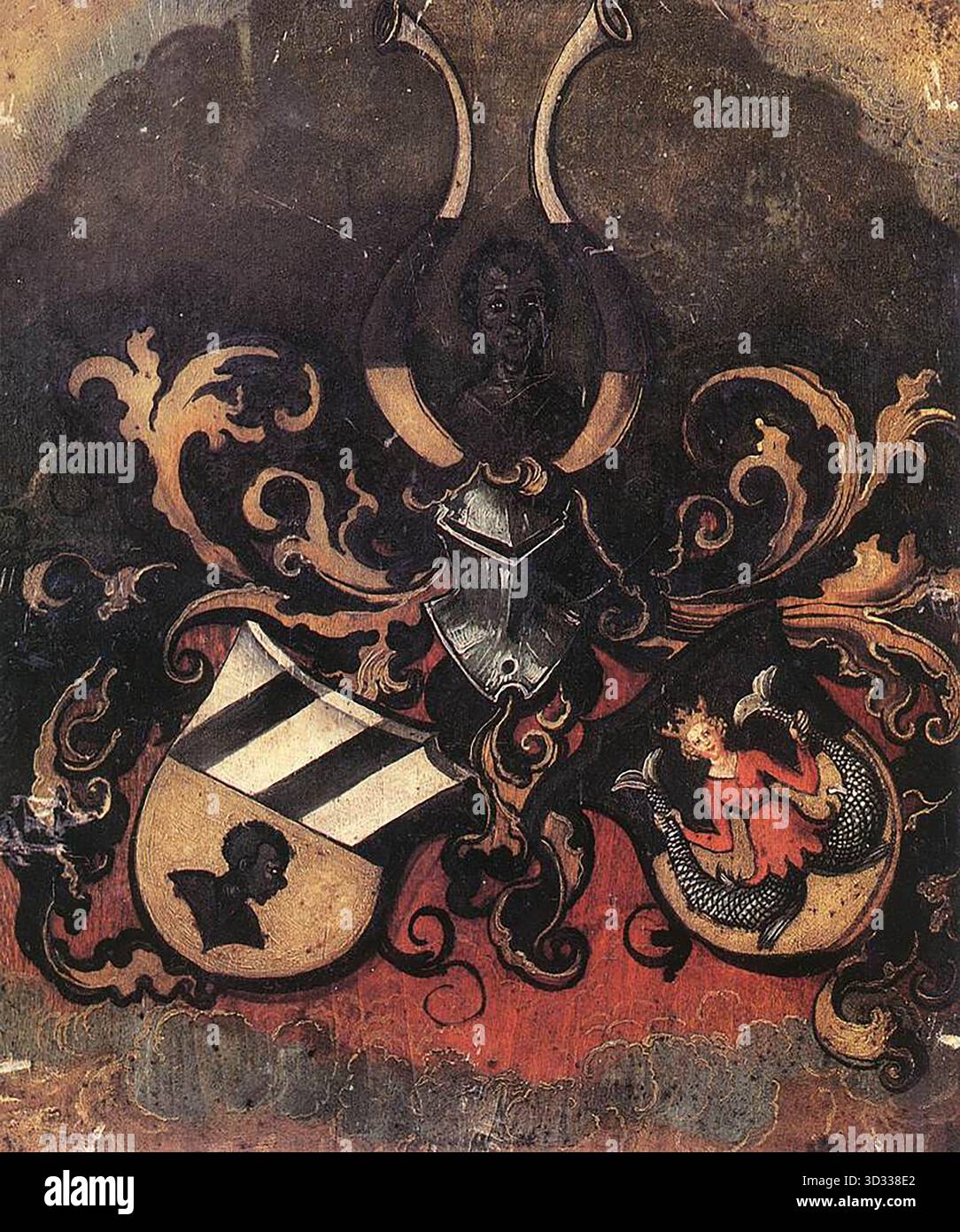 D?RER, Albrecht (B. 1471, N?rnberg, d. 1528, N?rnberg) Combined Coat-of-Arms of the Tucher and Rieter Families 1499 Oil on panel, 28 x 24 cm Schlossmuseum, Weimar lo stemma combinato di Tucher-Rieter è raffigurato sul verso del ritratto di Hans Tucher, che divenne il lato anteriore del dittico chiuso. --- parole chiave: --------------- Autore: D?RER, Albrecht titolo: Combined Coat-of-Arms of the Tucher and Rieter Families Time-line: 1501-1550 Scuola: Tedesco forma: Pittura tipo: Mitologico Foto Stock