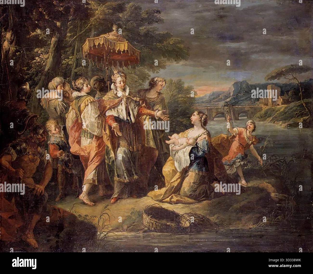 DIZIANI, Gaspare (B. 1689, Belluno, d. 1767, Venezia) ritrovamento di Mosè - olio su tela, 122 x 152 cm Collezione privata Diziani, che dipinse scene narrative (bibliche e mitologiche), trattò questo argomento più volte. --- parole chiave: --------------- Autore: DIZIANI, Gaspare titolo: Ritrovamento di Mosè linea temporale: 1701-1750 Scuola: Forma italiana: Pittura tipo: Religioso Foto Stock