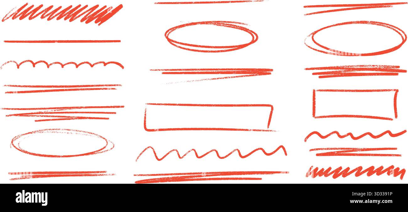 Marcatore rosso a matita con tratti di evidenziazione, cerchi ovali e linee ondulate. Illustrazione Vettoriale