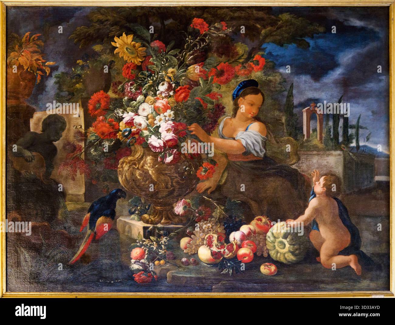 Parco con l'elegante Signora accanto a una meravigliosa natura morta di frutta, Jerónimo Galle, Hieronymus Galle, Palazzo Medici Riccardi, Firenze, Tuscany, IT Foto Stock