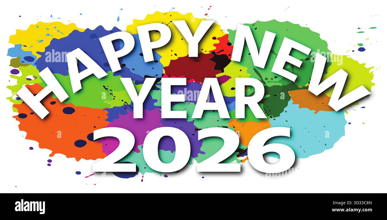 Felice anno nuovo 2026, Colorful Paint Splash, Celebration Typography Vector Illustrazione Vettoriale