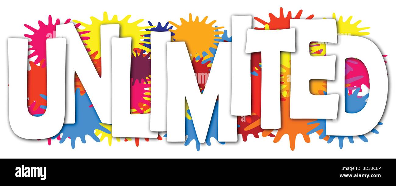 Testo colorato, Word UNLIMITED, Paint Splash Typography Vector Design Illustrazione Vettoriale