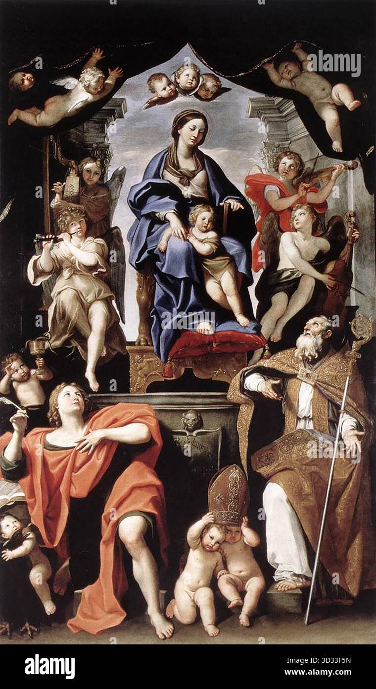DOMENICHINO (1581, Bologna, 1641, Napoli) Madonna col bambino con San Petronio e San Giovanni Evangelista 1629 olio su tela, 430 x 278 cm Galleria Nazionale d'Arte Antica, Roma commissionata durante l'anno Santo del 1625 per i Santi Giovanni e Petronio dei Bolognesi, la chiesa della comunità bolognese di Roma, la grande pala d'altare non fu consegnata dal pittore fino al 1629. Criticato dai contemporanei per la sua dipendenza dalla struttura e dalla composizione del XV secolo, il dipinto ha ricevuto recensioni brillanti dai neoclassicisti del XVIII secolo Mengs e Canova. Nel 1812, durante la Na Foto Stock