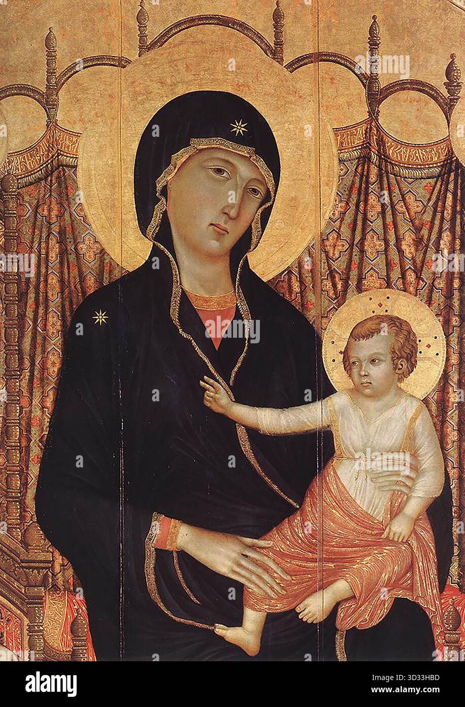 DUCCIO di Buoninsegna (nato ca. 1255, Siena, d. 1319, Siena) Rucellai Madonna (dettaglio) 1285 Tempera su legno, 450 x 290 cm (pittura completa) Galleria degli Uffizi, Firenze il gesto ampio della mano benedicente del bambino mostra innegabile somiglianza con il Maest di Cimabue?, ora al Louvre ma in quel momento nella Chiesa di San Francesco a Pisa. Questa potrebbe essere stata l'ispirazione di Duccio. --- parole chiave: --------------- Autore: DUCCIO di Buoninsegna titolo: Rucellai Madonna (dettaglio) linea temporale: 1301-1350 Scuola: Italiano forma: Pittura tipo: Religioso Foto Stock