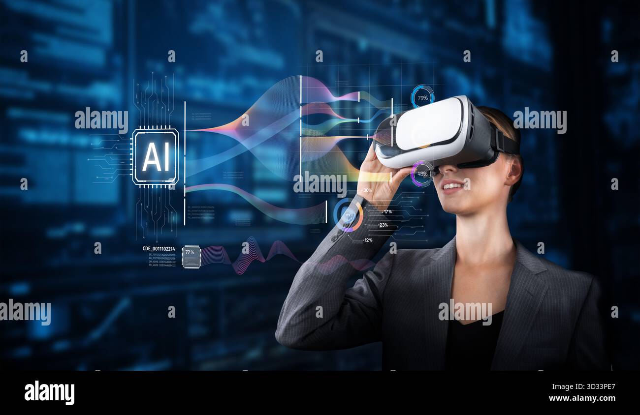 Una donna professionista esplora la tecnologia di intelligenza artificiale generativa utilizzando un visore VR all'interno di un moderno spazio di lavoro digitale, mostrando la fusione della realtà virtuale Foto Stock