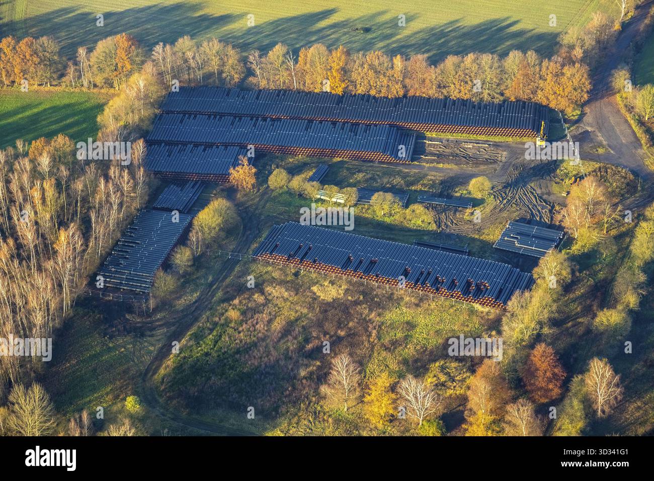 Veduta aerea, Wulfen Shaft, magazzino per tubazioni per il gasdotto Zeelink da Aquisgrana a Legden, Dorsten, regione della Ruhr, Renania settentrionale-Vestfalia, Foto Stock