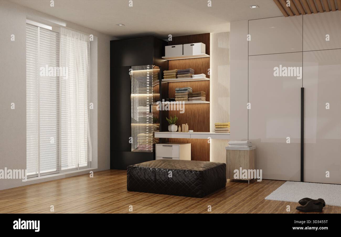 Un invitante design moderno degli interni che mette in mostra soluzioni di stoccaggio efficaci pur mantenendo un'estetica minimalista Foto Stock