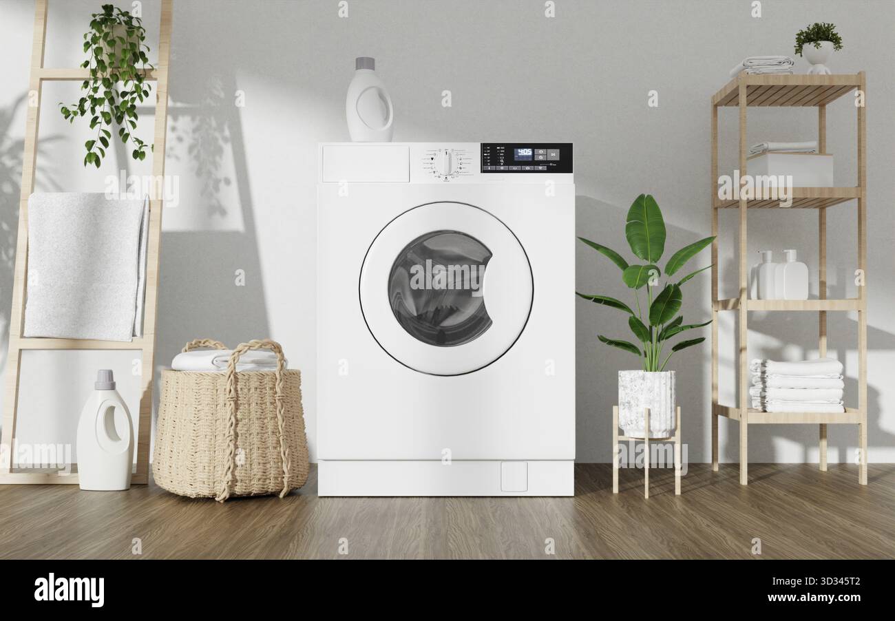 Un'elegante e moderna lavanderia con innovativi elettrodomestici con lavatrice, scaffali organizzati e arredi Foto Stock