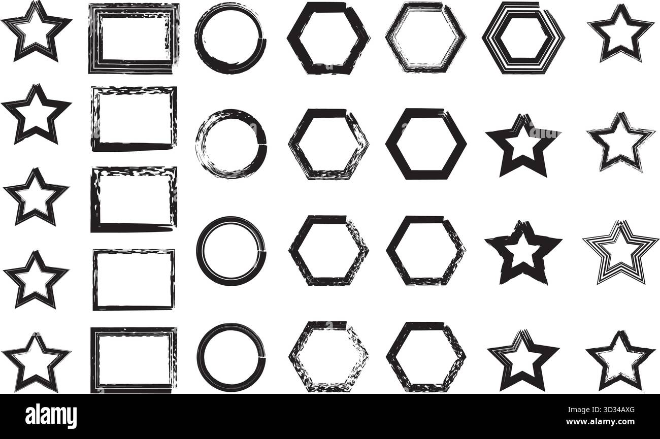 Stelle geometriche, forme e cornici disegnate a mano in stili artistici Illustrazione Vettoriale