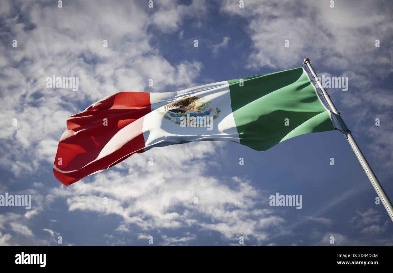 Bella bandiera nazionale del Messico che fluttua sullo sfondo del cielo. Disegno 3D con bandiera Messico primo piano ad angolo basso Foto Stock