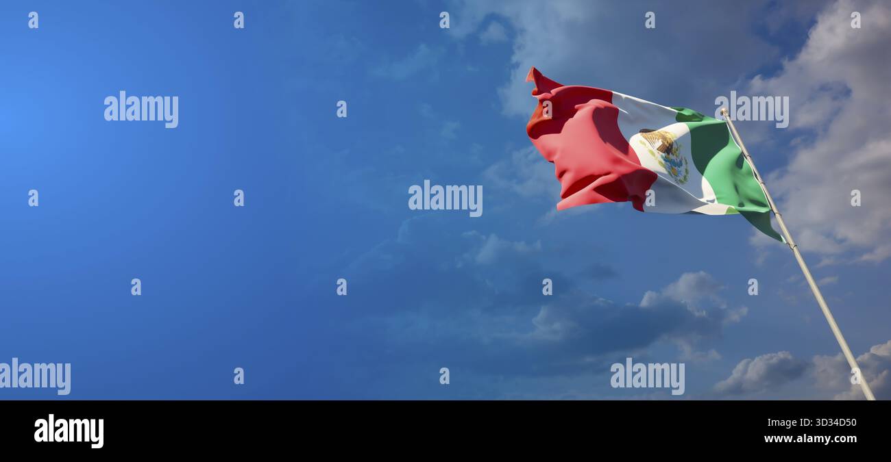 Splendida bandiera dello stato nazionale del Messico con spazio vuoto su ampio sfondo e spazio per testo grafica 3D. Foto Stock