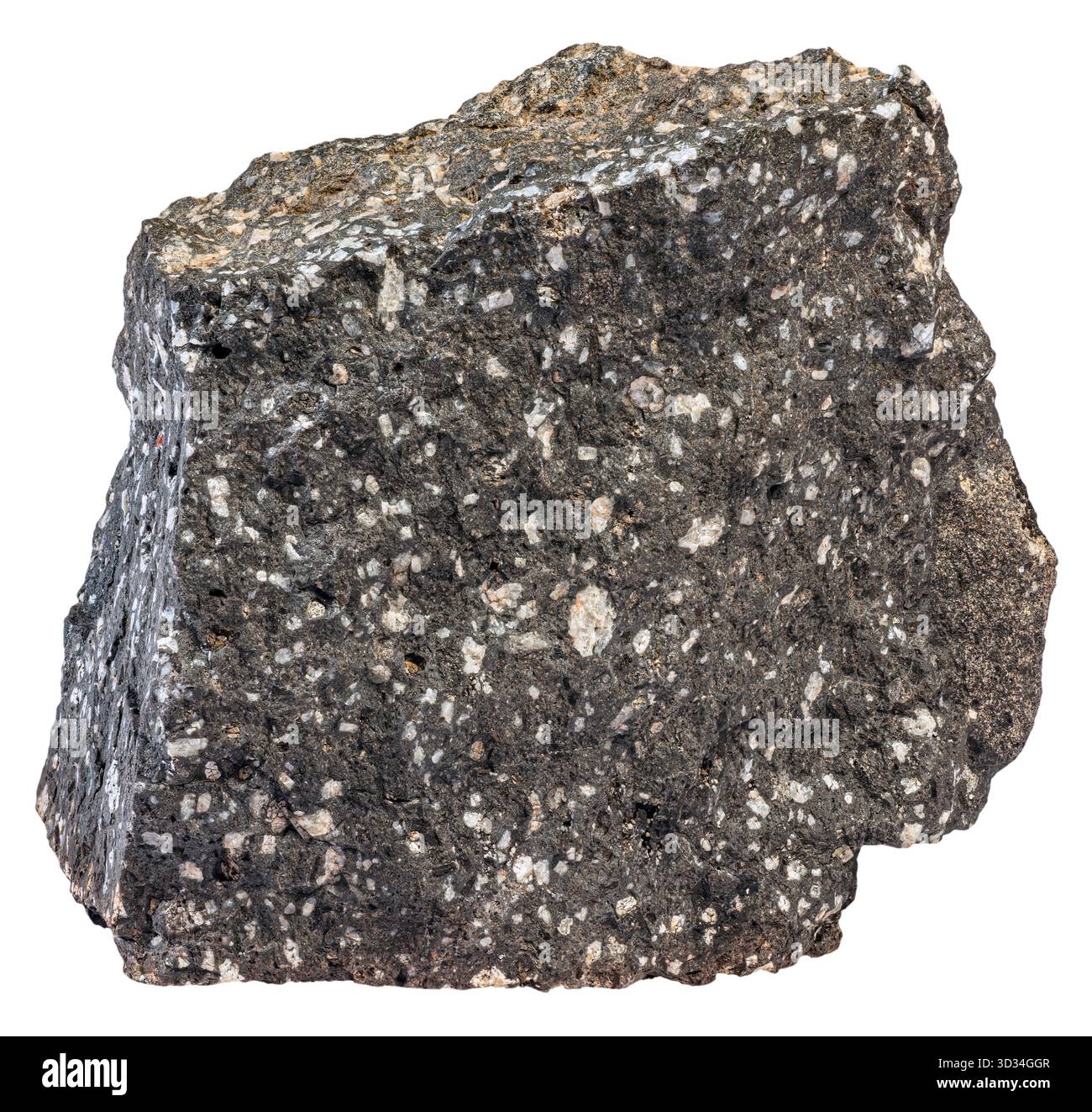 Andesite basaltica con texture porfirica. Contiene abbondanti fenocristi feldspati plagioclasi di colore chiaro. Foto Stock