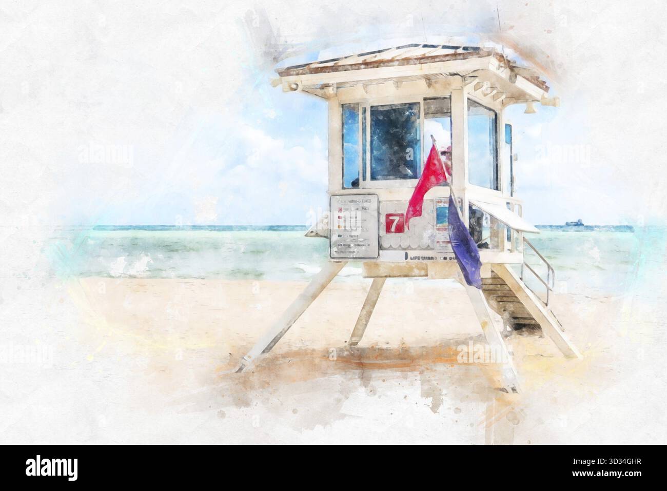 Effetto vernice acquerello della torre bagnino a Fort Lauderdale, Florida Foto Stock