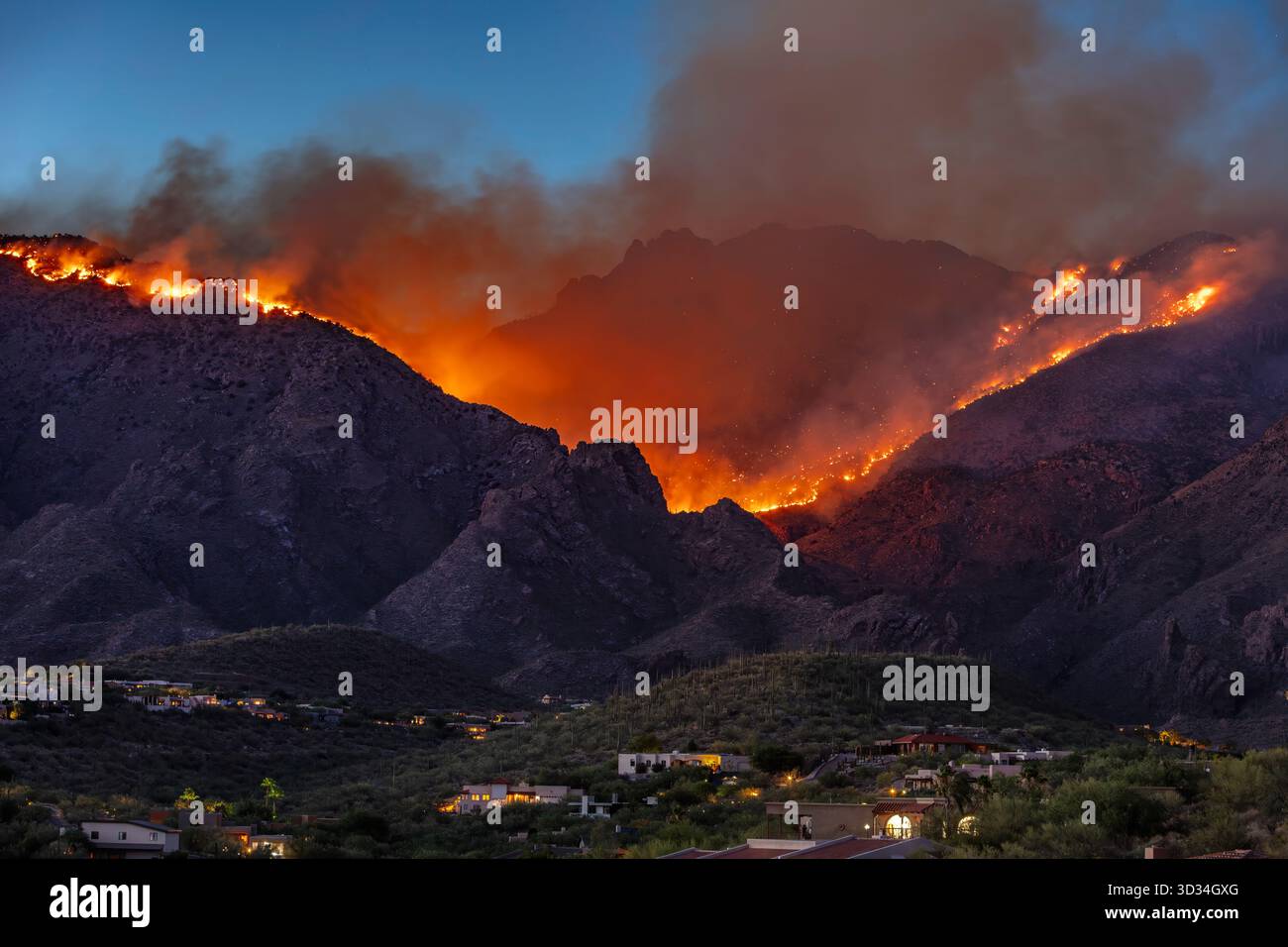Le fiamme del Big Horn Fire si strappano attraverso i ripidi pendii dei monti Santa Catalina sopra Tucson, Arizona. Foto Stock