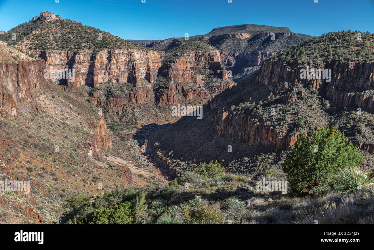 Il Salt River Canyon in Arizona taglia drasticamente gli strati di antiche rocce vulcaniche e sedimentarie, rivelando un paesaggio aspro. Foto Stock