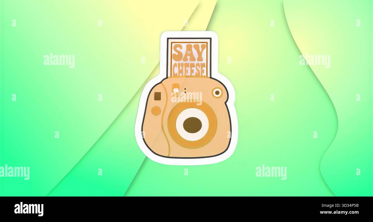 Visualizzazione istantanea dell'icona della fotocamera su una sfumatura verde, con stampa emergente che dice "DIRE CHEESE"! Foto Stock