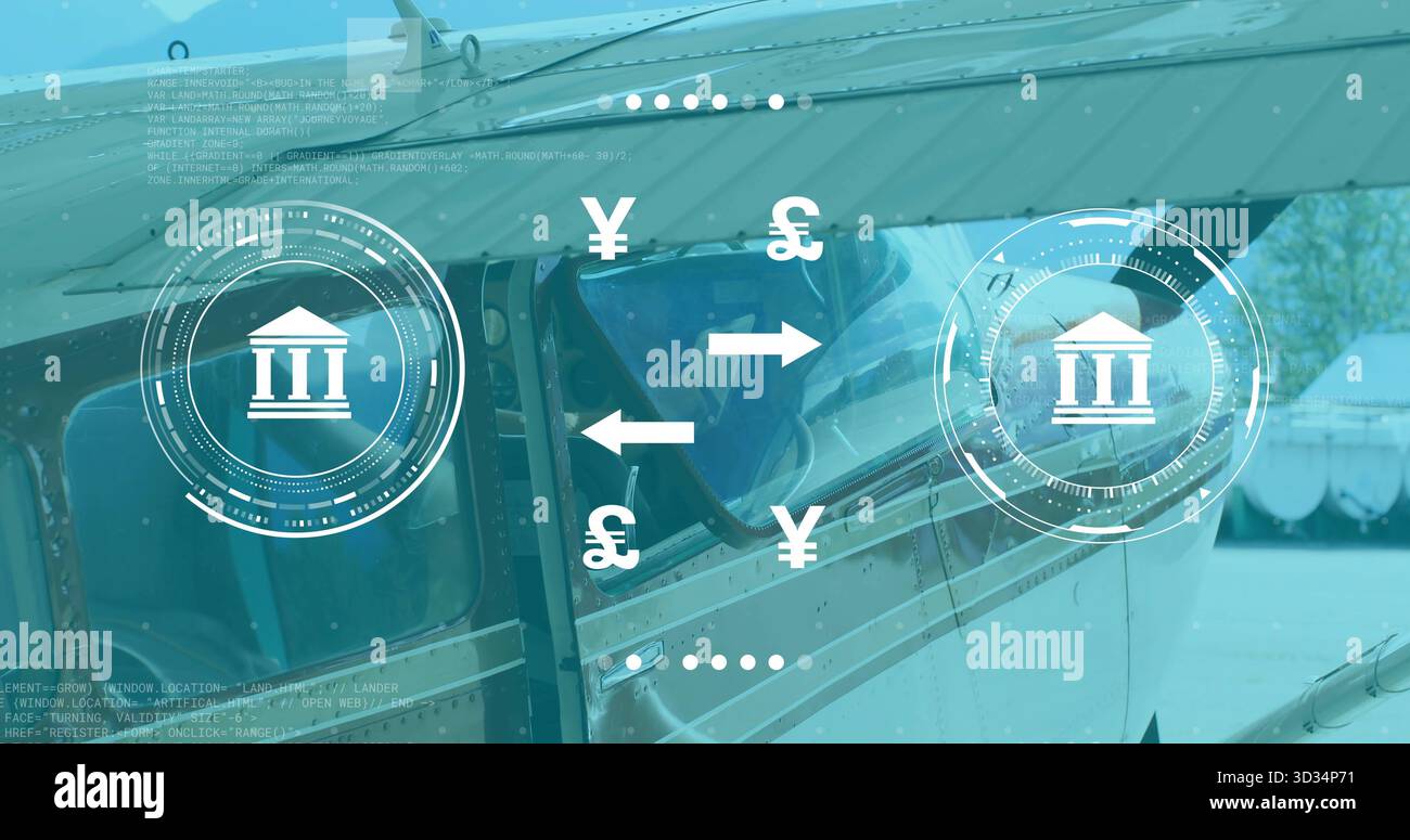 Visualizzazione della fusoliera monomotore e della finestra del cockpit sull'asfalto con icone di banco e simboli di valuta Foto Stock