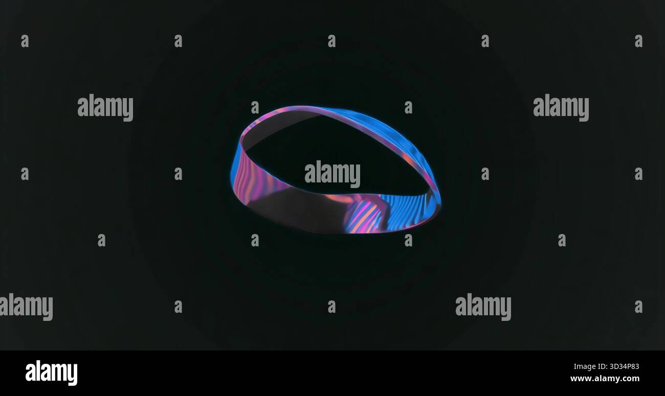 Striscia mobius galleggiante astratta simile a un nastro in un vuoto nero, con strisce al neon riflettenti Foto Stock
