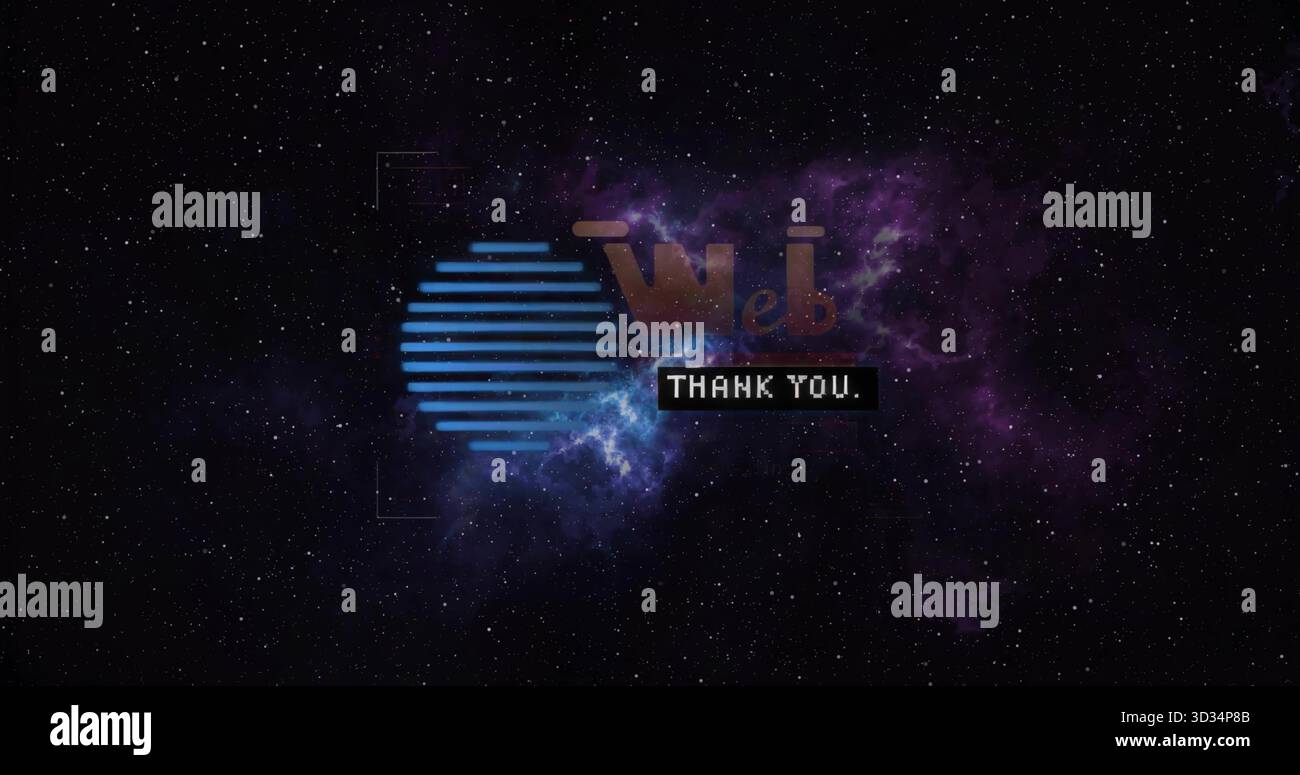 Visualizzazione del logo fluttuante nello spazio profondo, con cerchio a strisce blu, testo Web ed etichetta DI RINGRAZIAMENTO Foto Stock