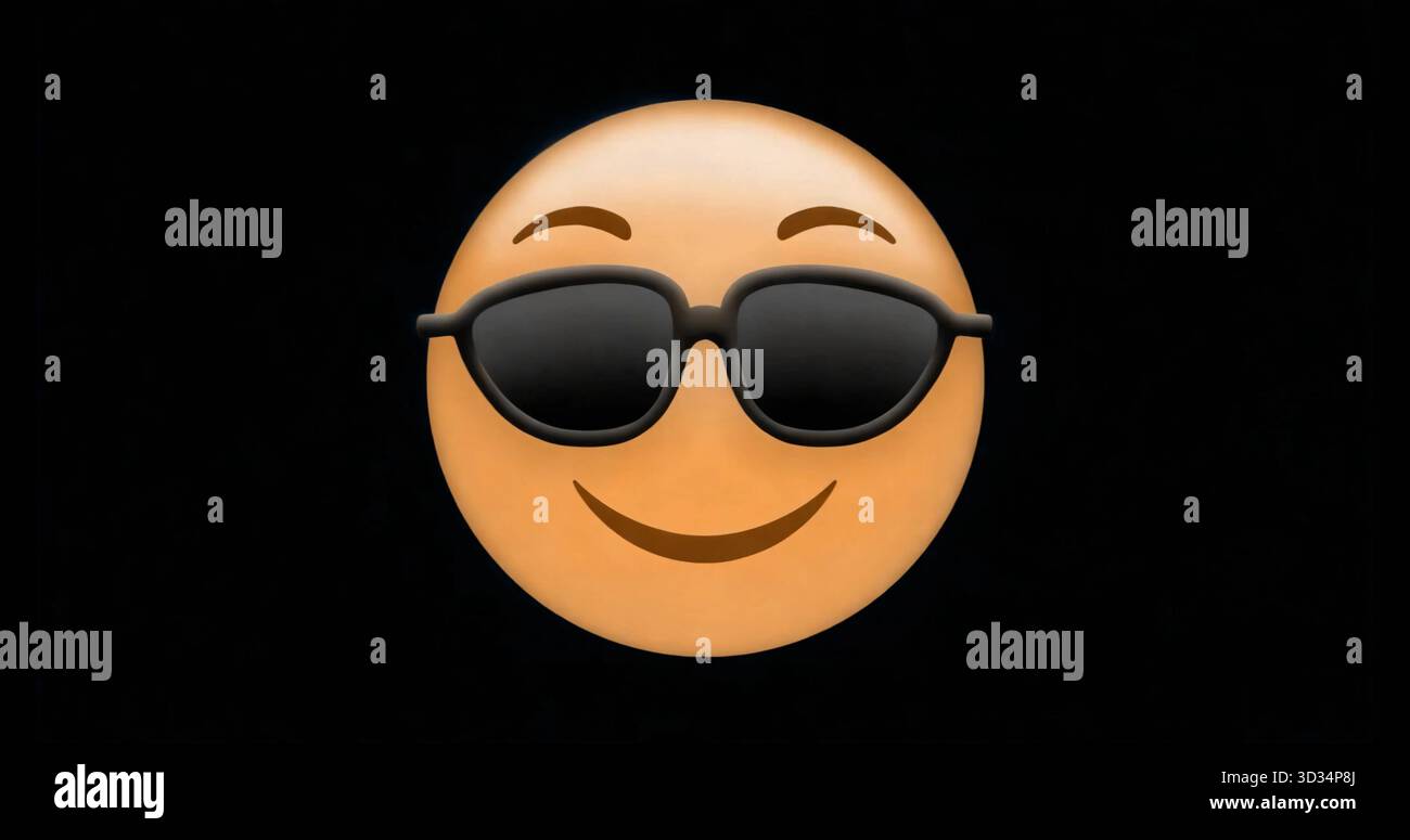 Visualizzazione di emoji gialle indossando occhiali da sole neri su sfondo nero pieno, rendering digitale Foto Stock