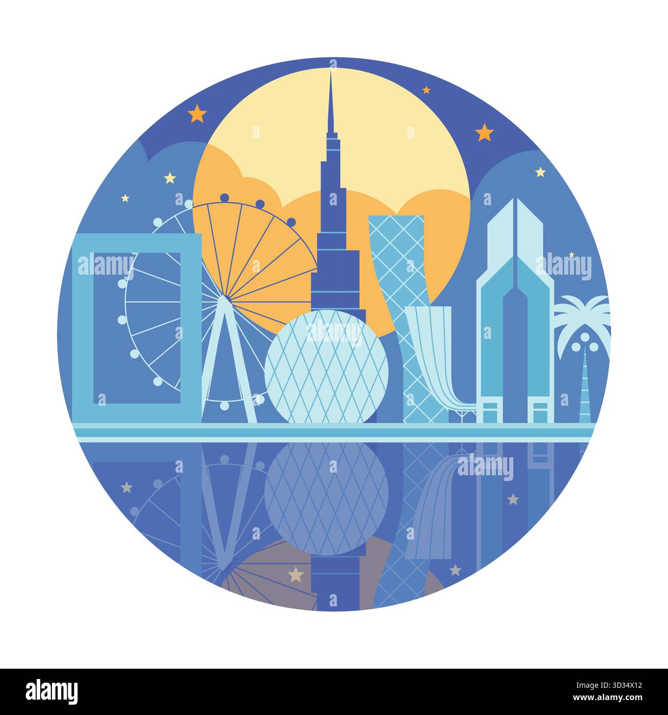 Icona circolare con moderno skyline notturno arabo Illustrazione Vettoriale