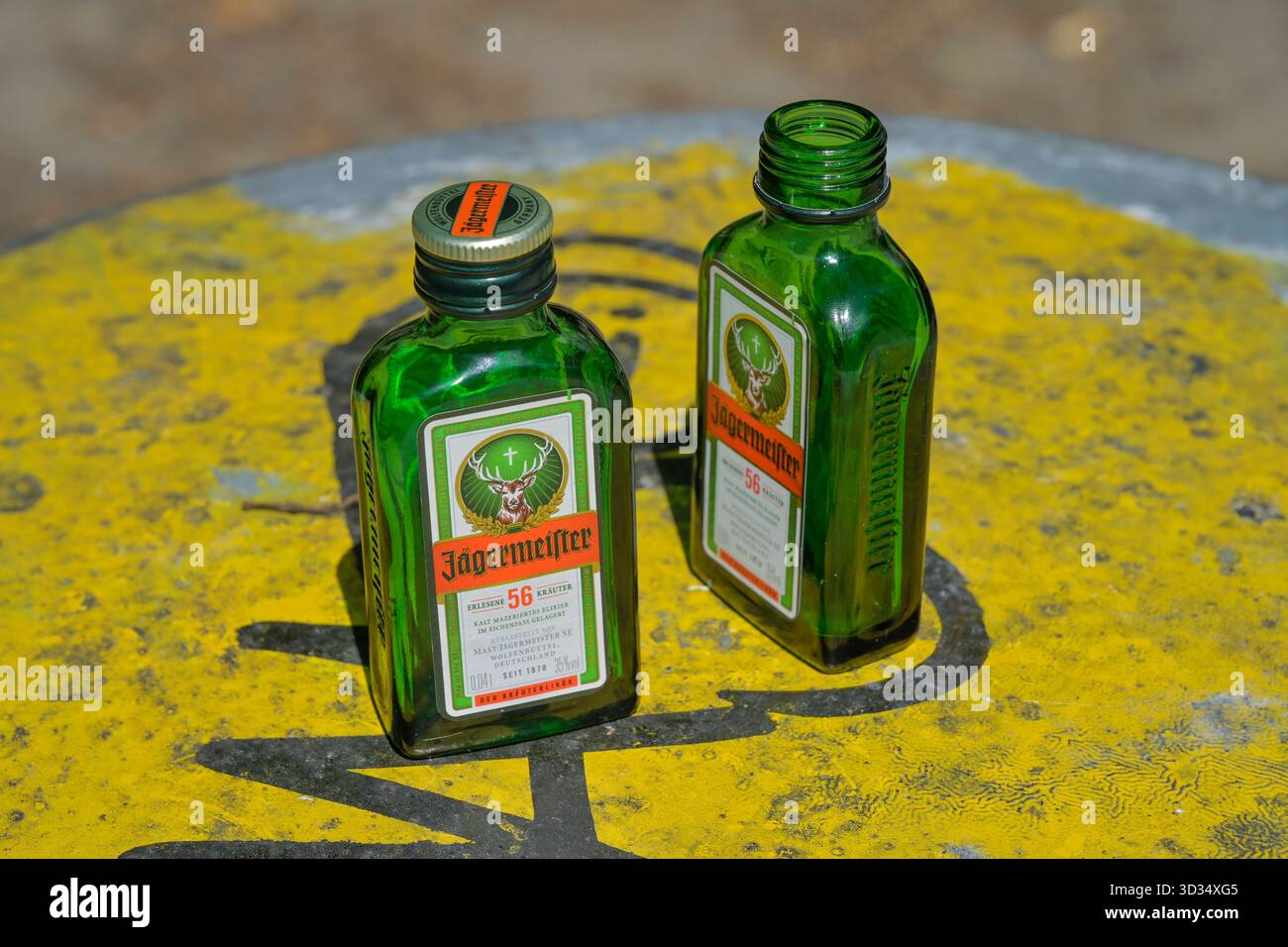 Leere Flaschen Jägermeister im Park *** bottiglie vuote di Jägermeister nel parco Foto Stock