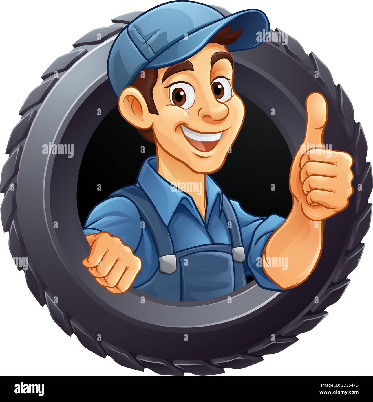 Pneumatico pneumatico meccanico per l'assistenza auto Mascotte Cartoon Man Illustrazione Vettoriale