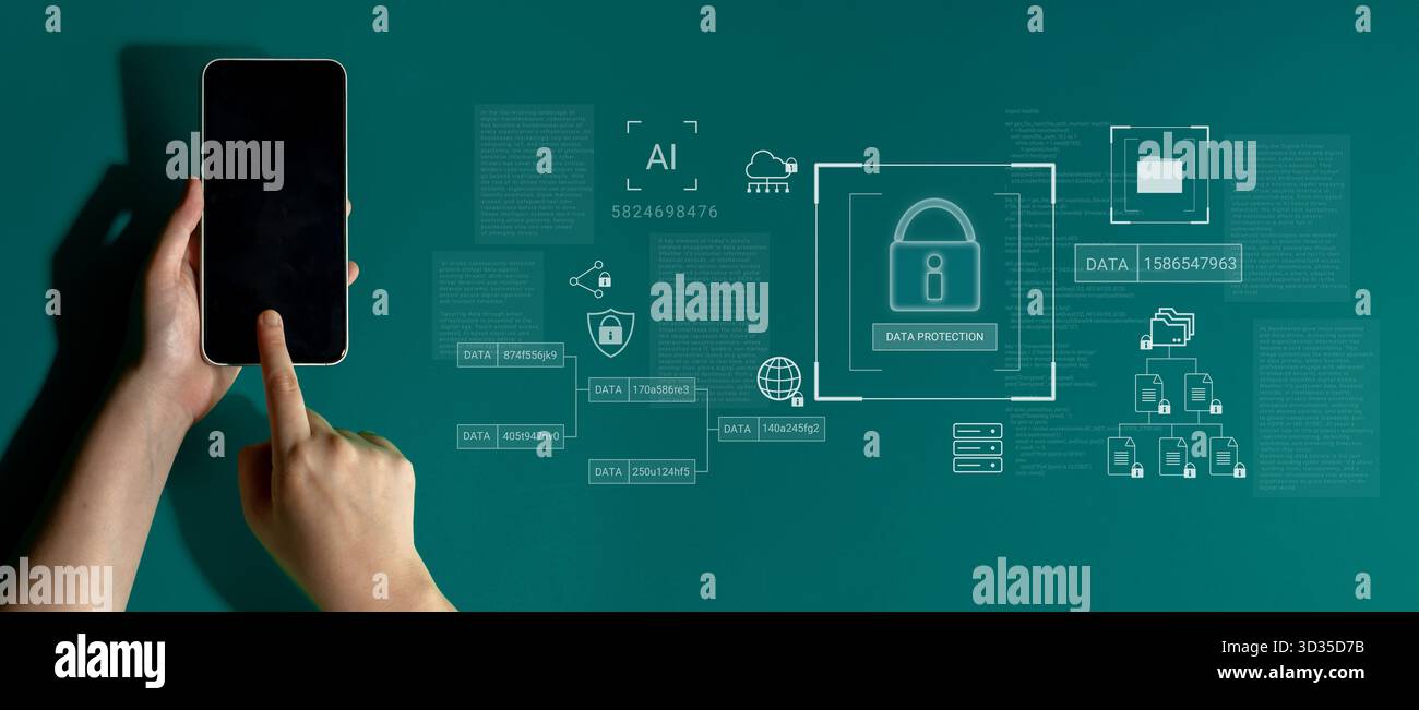 Lucchetto digitale circondato da diagrammi di sicurezza dei dati che rappresentano crittografia, protezione della rete e analisi sicura della gestione delle informazioni Foto Stock
