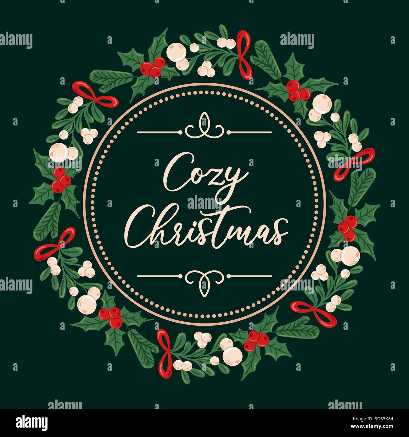 Accogliente scena natalizia in una cornice circolare decorata con rami di agnello, paillettes e abete, con colori caldi e festosi e luci soffuse per un Illustrazione Vettoriale