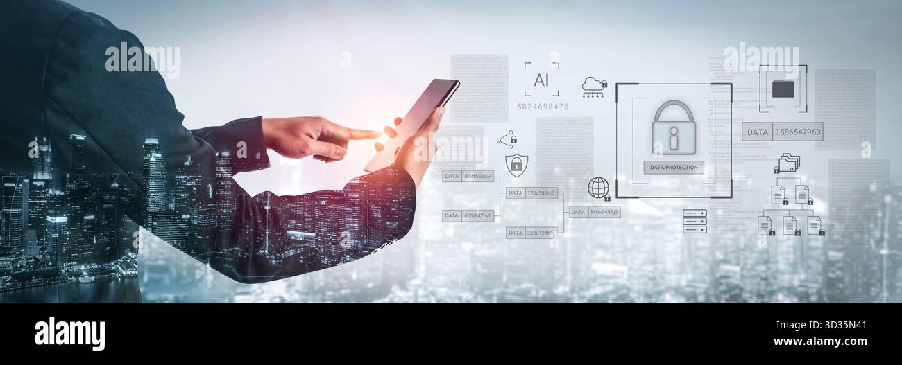 Lucchetto digitale circondato da diagrammi di sicurezza dei dati che rappresentano crittografia, protezione della rete e analisi sicura della gestione delle informazioni Foto Stock
