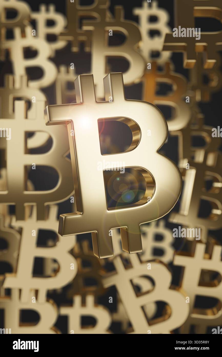 Sfondo di simboli bitcoin dorati fluttuanti. illustrazione 3d. Foto Stock