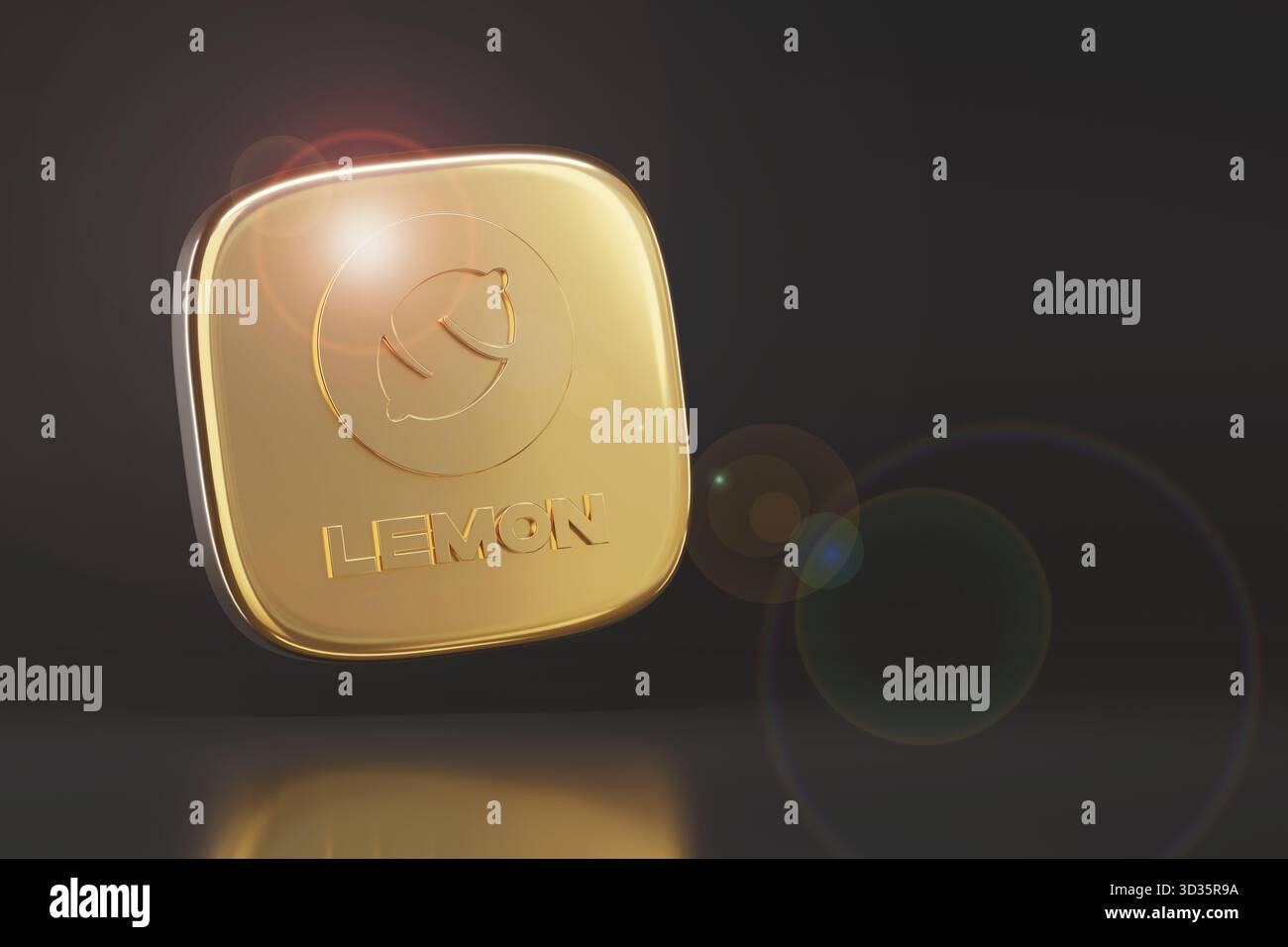 Buenos Aires, Argentina; 2 novembre 2025: Logo tridimensionale in limone dorato con spazio copia. illustrazione 3d. Foto Stock