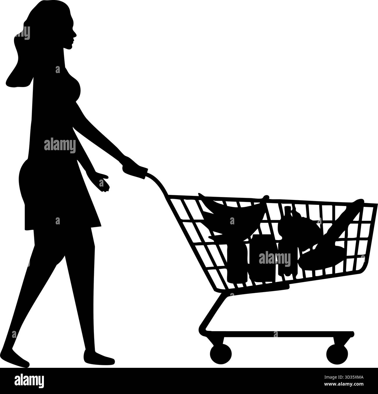 Silhouette di donne che camminano e spingono il carrello della spesa Illustrazione Vettoriale