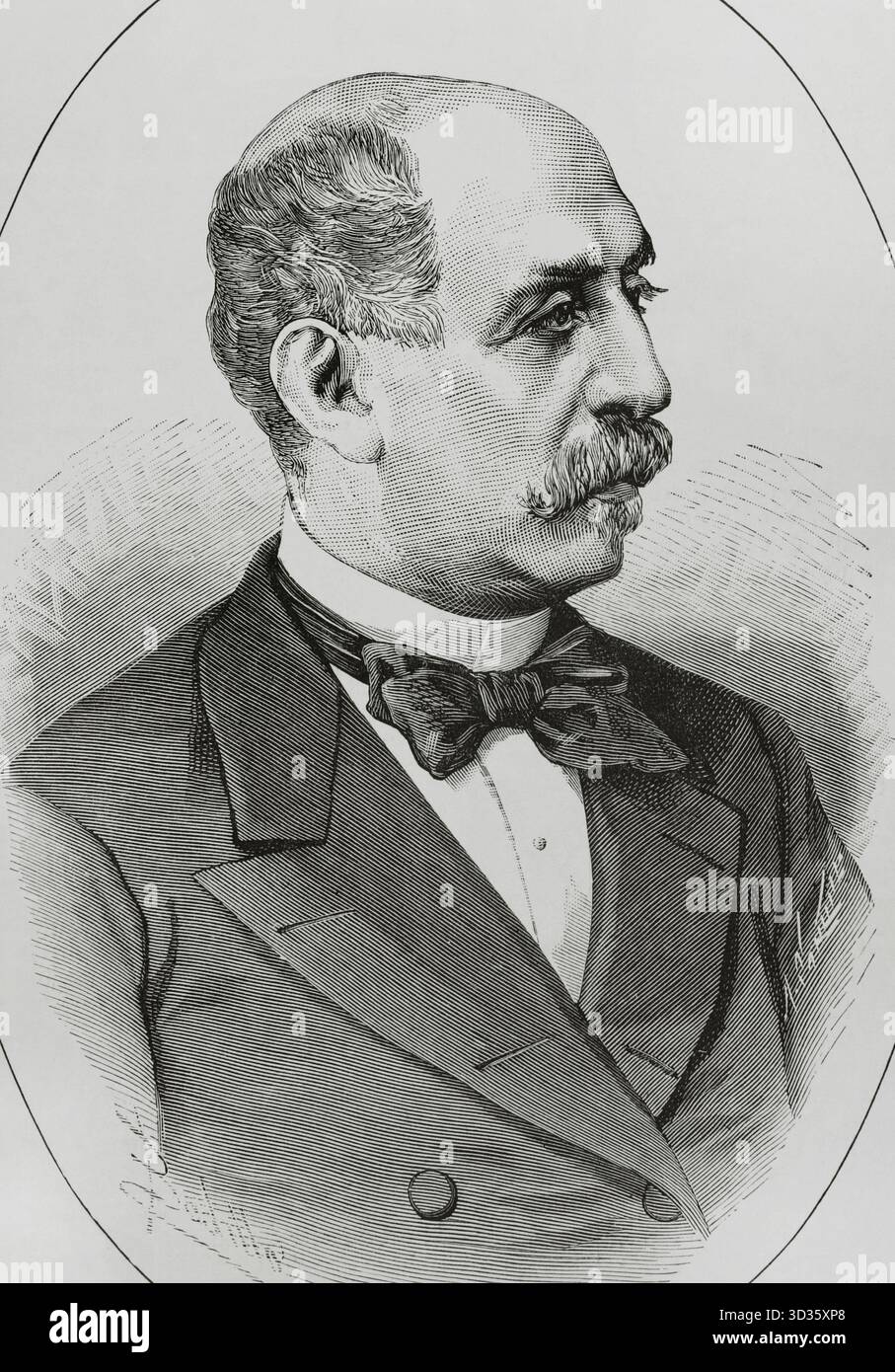 Pio Gullon Iglesias (1835-1917). Politico e giornalista spagnolo. Membro del partito liberale. Ministero dell'interno nel 1883, Ministro aggiunto nel 1897-1898, 1905 e 1906. Governatore del Banco de Espana (Banca di Spagna) (1892-1895, 1901-1902). Verticale. Disegno di Badillo. Incisione di Arturo Carretero (1852-1903). La Ilustracion Espanola y americana (The Spanish and American Illustration), 1883. Foto Stock