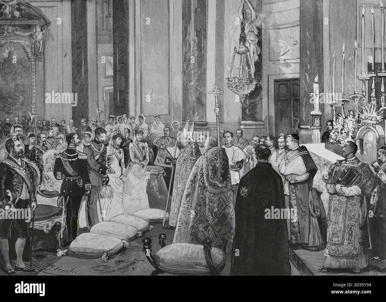 Infanta Maria de la Paz di Spagna (Maria de la Paz de Borbon) (1862-1946). Infanta di Spagna. Principessa di Baviera con il suo matrimonio, il 2 aprile 1883, con suo cugino di primo grado, il principe Ludovico Ferdinando di Baviera (1859-1949). Matrimonio celebrato al Palazzo reale di Madrid. Cerimonia della benedizione nuziale nella Cappella reale. Nel presbiterio, i re, Alfonso XII (padrino) e Maria Cristina (madrina). Attingendo dalla vita di Juan Comba. Incisione di Vela. La Ilustracion Espanola y americana, 15 aprile 1883. Foto Stock