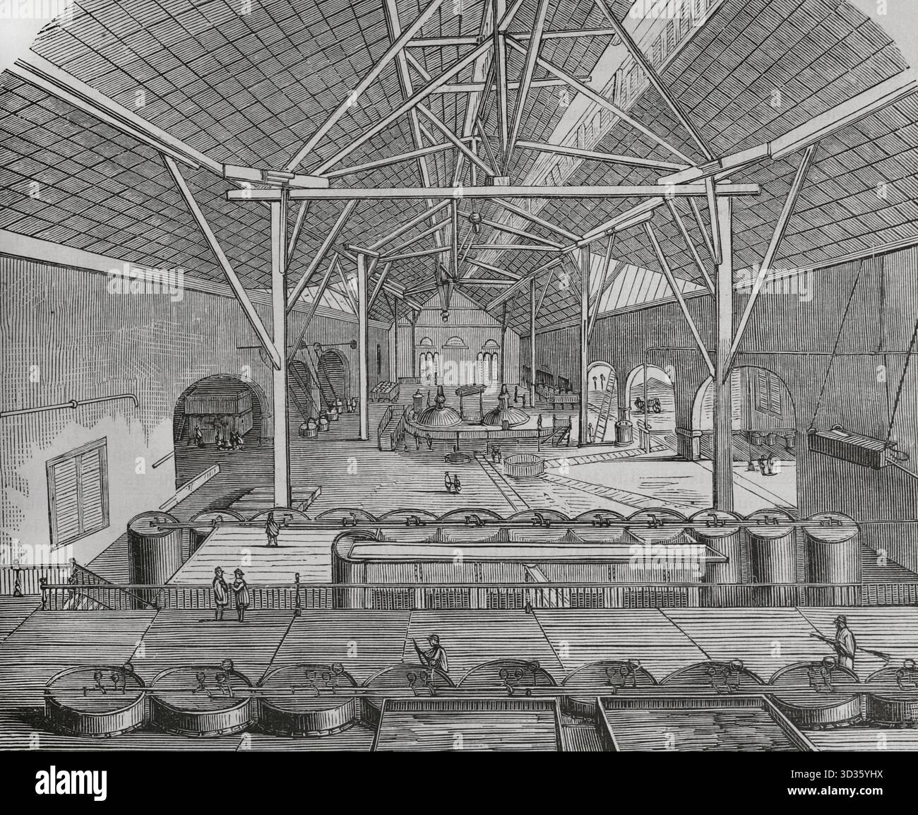 Cuba. Bolondron, provincia di Matanzas. Engenho (mulino per canna da zucchero) "armonia" (1848). Proprietà industriale del signor Miguel Aldama Alfonso e del signor Jose Luis Alfonso. Vista generale della caldaia, dove è stato eseguito il processo di bollitura e evaporazione dei succhi ottenuti dalla macinazione della canna da zucchero. Incisione. Cronica General de Espana, Historia Ilustrada y Descriptiva de sus Provincias (Cronaca generale di Spagna, illustrata e descrittiva storia delle sue Province), Antille, 1871. Foto Stock