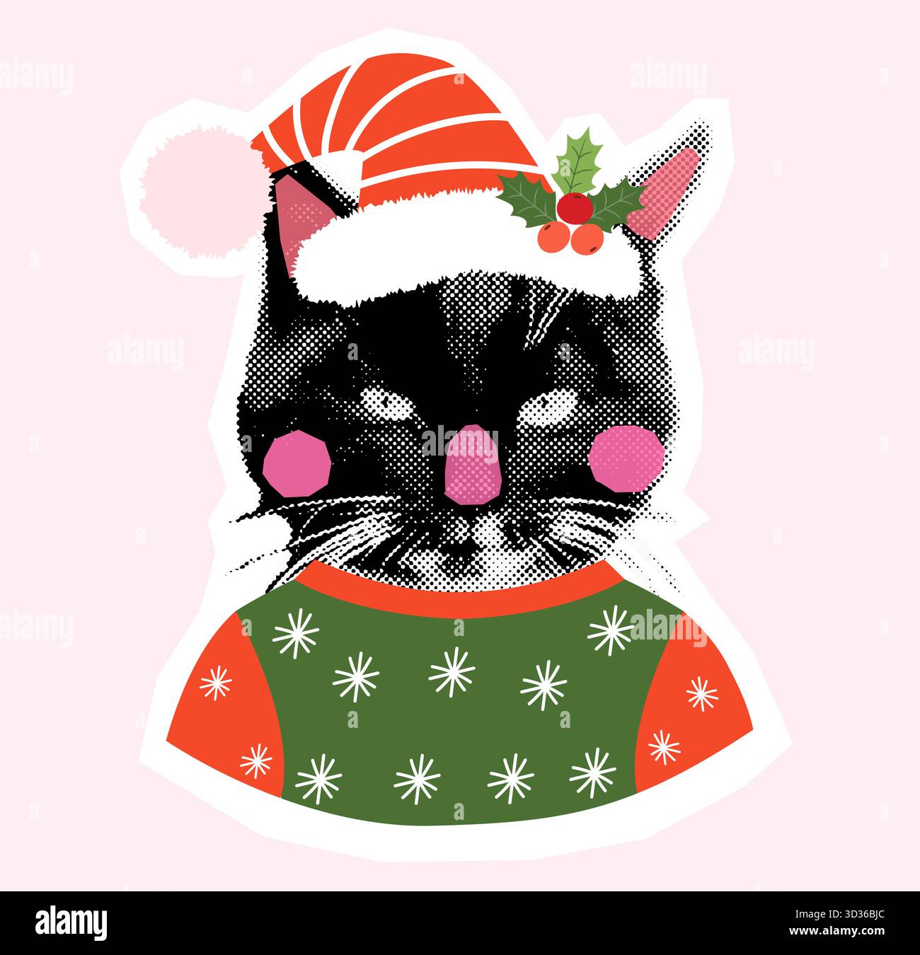 Divertente collage di gatto nero di Natale vettoriale, divertente design di animali natalizi per biglietti d'auguri Illustrazione Vettoriale